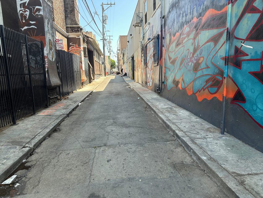 A narrow urban alleyway with graffiti-covered walls, metal fencing on the left, and utility lines overhead on a clear, sunny day.