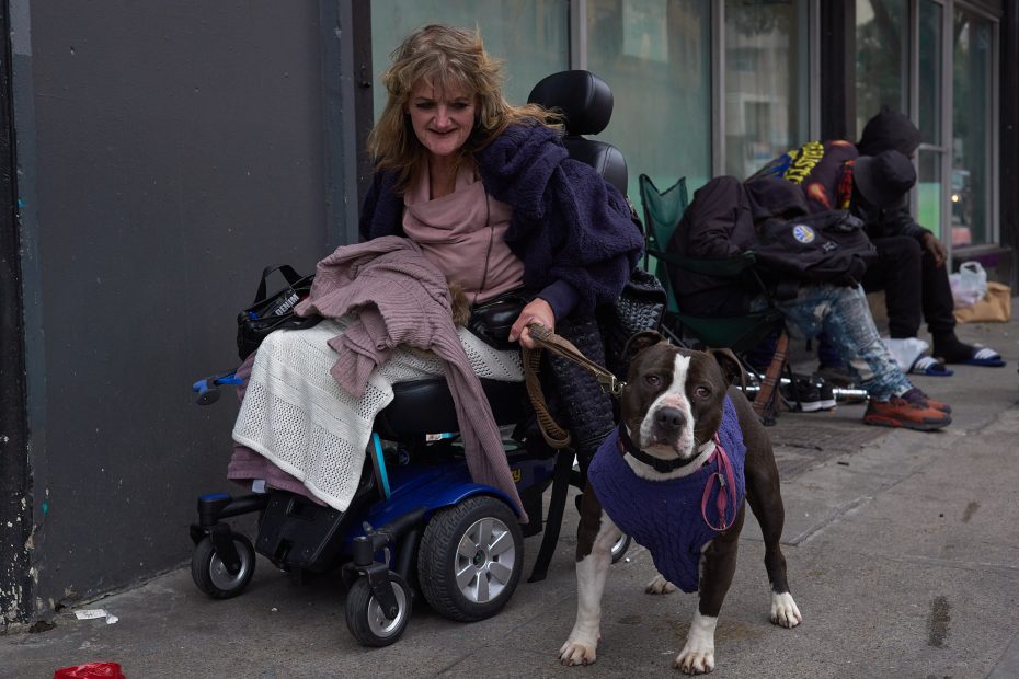 A woman in a wheelchair holds the leash of a dog wearing a sweater on a city sidewalk; another person sits in the background among belongings.