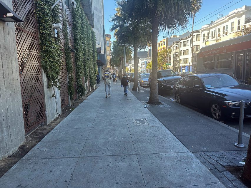Urban sidewalk with people walking, lined with palm trees and parked cars; a bus is visible on the street to the right under a clear sky.