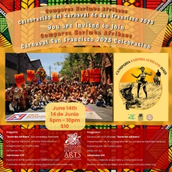 Event poster for Carnaval San Francisco 2025 celebration with colorful patterns, event details, and photos of parade participants and promotional graphics.
