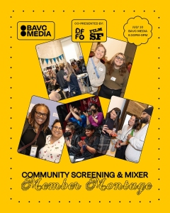 A collage of photos shows people socializing at an event. Text reads: “Community Screening & Mixer Member Montage” with event details and co-presenter logos.
