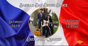 Bastille Day Dinner Dance event poster with French flag background, event details, and a photo of two musicians with guitars in the center.