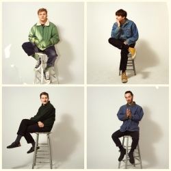 Four individuals sit separately on stools against a plain white background, each posing in casual clothing in a grid layout.