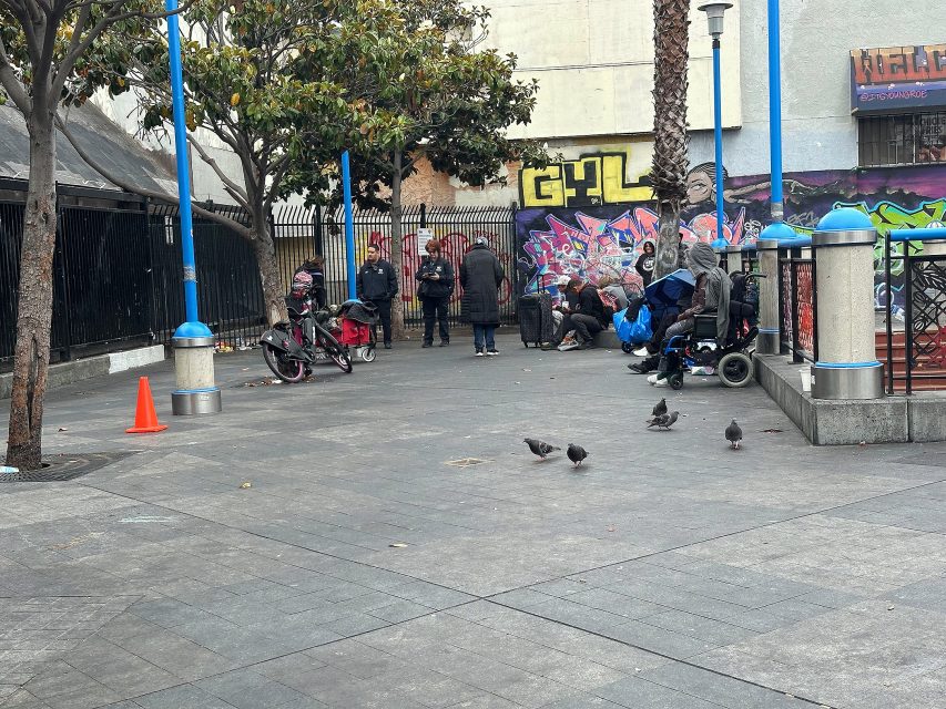 A group of people sit and stand near bikes and belongings in an urban plaza with pigeons and graffiti in the background.