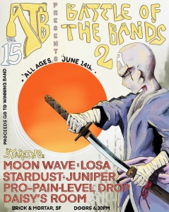 Poster for "Battle of the Bands 2" on June 14th at Daisy's Room, San Francisco, featuring an illustrated character and band names Moon Wave, Losa, Stardust, Juniper, and others.