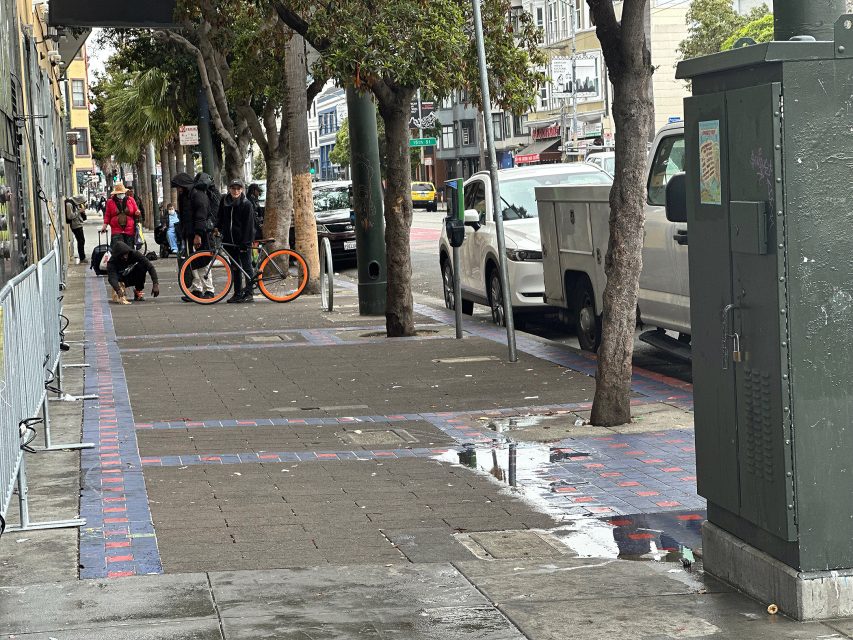A group of people stand near a bicycle on a wet city sidewalk lined with trees and parked cars, with some puddles visible on the ground.