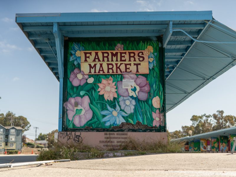 A colorful mural with flowers and a "Farmers Market" sign on a concrete structure under a blue metal roof, with trees and buildings in the background.