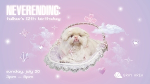 A fluffy white dog sits in a lacy basket against a pastel pink background with clouds and hearts. Text announces "Neverending: Falkor’s 12th birthday," with event details below.