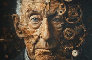 Portrait of an elderly man with blue eyes, his face partially merged with mechanical gears and clock parts, symbolizing the passage of time.