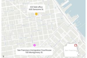 Map showing locations of the ICE field office at 630 Sansome St. and the San Francisco Immigration Courthouse at 100 Montgomery St., key sites related to ICE arrests in San Francisco.