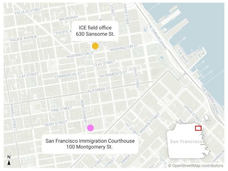 Map showing locations of the ICE field office at 630 Sansome St. and the San Francisco Immigration Courthouse at 100 Montgomery St., key sites related to ICE arrests in San Francisco.