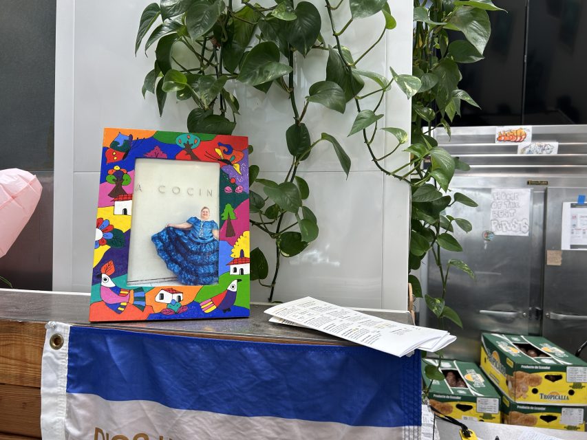 A colorful photo frame with a picture of a woman in a blue dress is on a counter near a leafy plant, a receipt, and fruit boxes in the background.