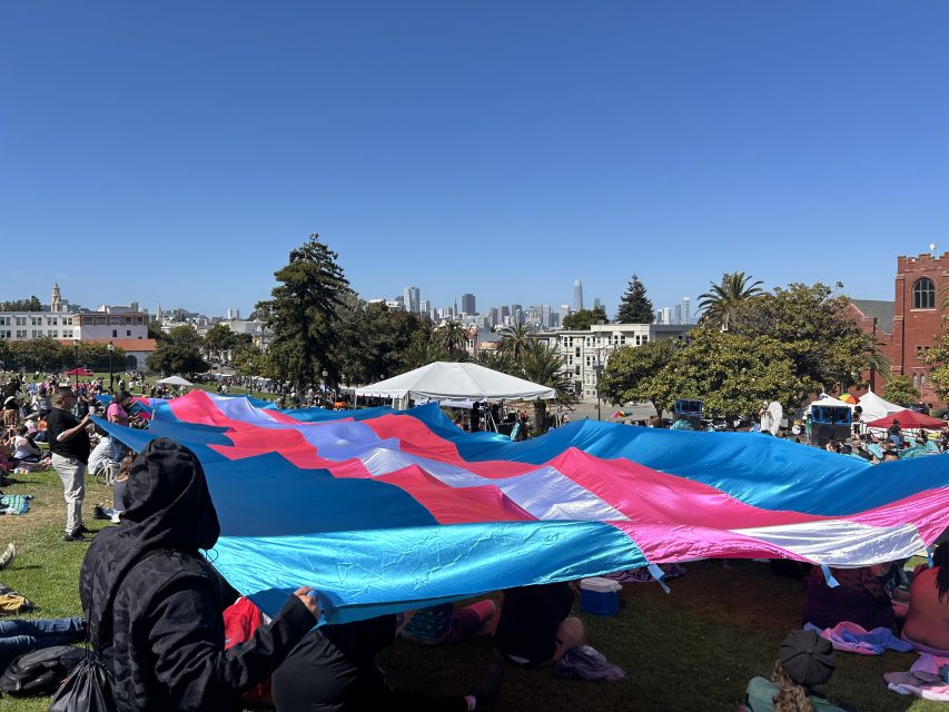 People hold up a large transgender pride flag at an outdoor event in a park, with city buildings visible in the background.