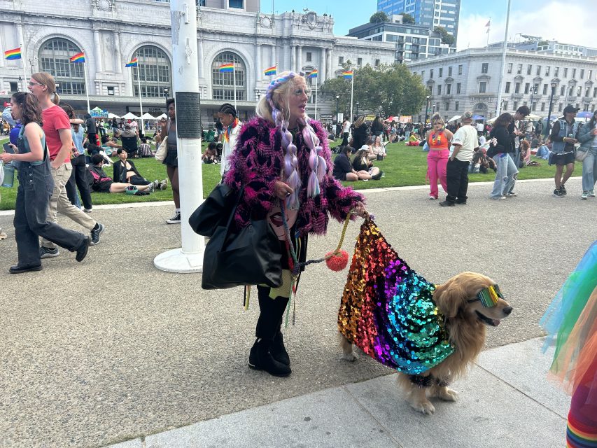 Person in colorful attire holding a golden retriever wearing a shiny, rainbow sequin cape and sunglasses at a pride event, with people and rainbow flags in the background.