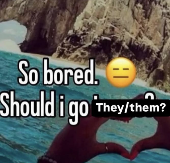 A photo of hands forming a heart shape with ocean and cliffs in the background. Text reads, "So bored. Should I go in? They/them?" with a neutral face emoji.