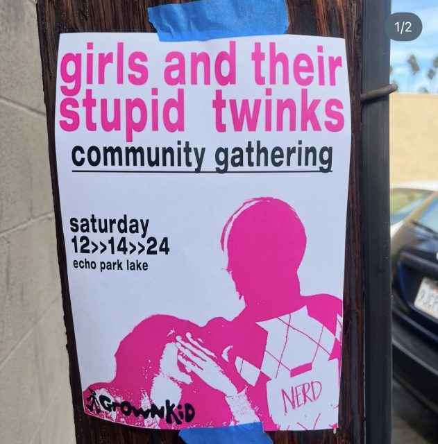 A flyer taped to a utility pole advertises a "girls and their stupid twinks community gathering" at Echo Park Lake, featuring a pink graphic of two people, one with “NERD” on their shirt.