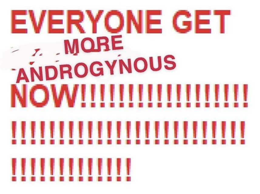 Red text on a white background reads, "EVERYONE GET MORE ANDROGYNOUS NOW!!!!!!!" with numerous exclamation marks.