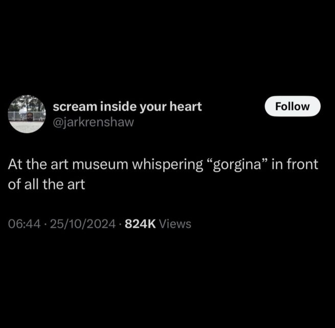 A tweet from @jarkrenshaw reads: "At the art museum whispering ‘gorgina’ in front of all the art." The post shows 824K views and is dated 25/10/2024.