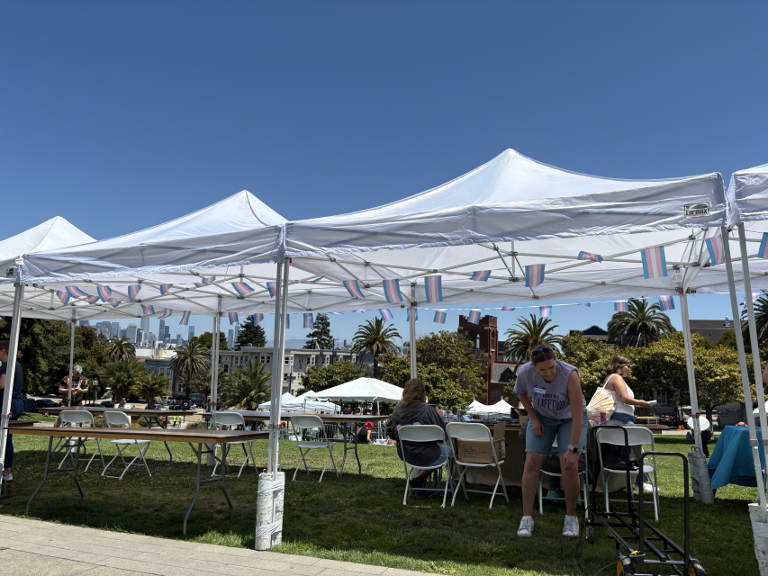 People set up tables and chairs under white tents in a park on a sunny day, with city buildings and palm trees visible in the background.