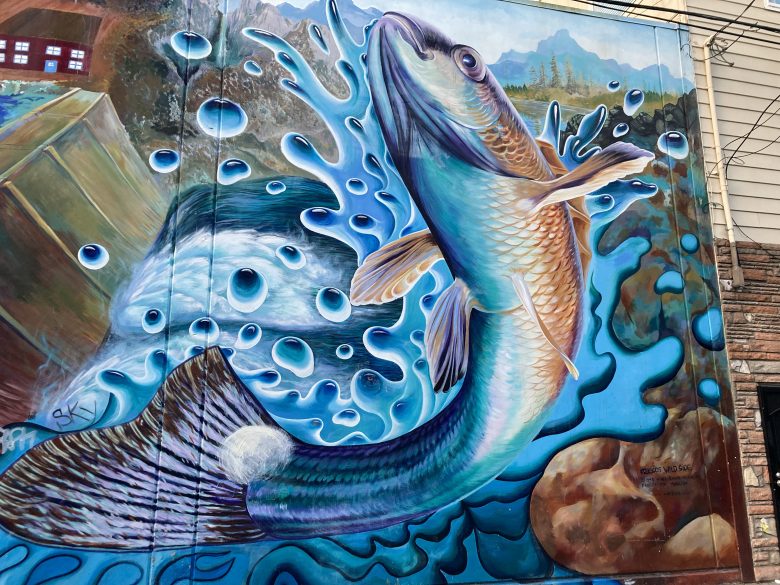 A colorful mural depicts a large fish leaping out of water, with splashes and a scenic background of mountains, trees, and buildings.