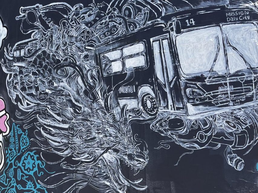 Chalk mural depicts a detailed dragon intertwined with a city bus labeled "14 Mission Daly City" on a black background.