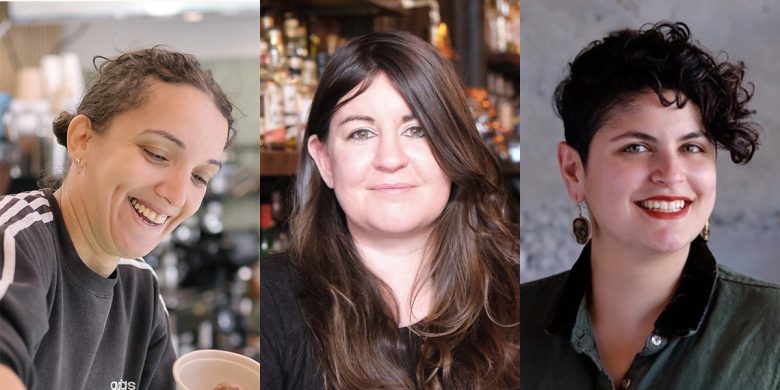 Three women are shown in side-by-side portraits, each smiling and looking at the camera in different indoor settings.