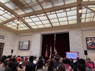 S.F. mayor Daniel Lurie speaks monday at the city's annual immigrant [sic] leadership awards