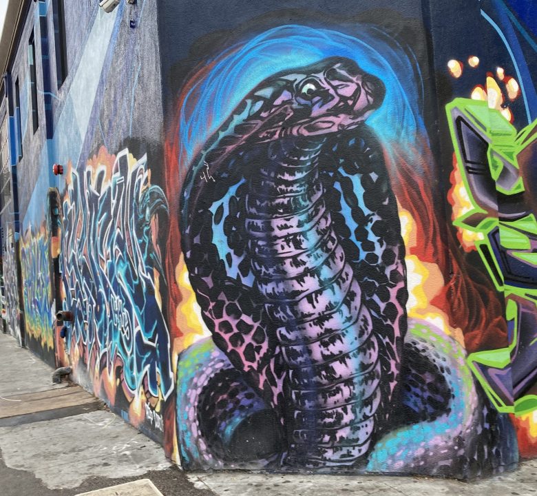 A mural of a large cobra with colorful, vibrant patterns on its body is painted on a street corner wall surrounded by other graffiti art.
