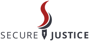 Logo with the words "SECURE JUSTICE" and a graphic combining a red flame and a pen tip above the text.