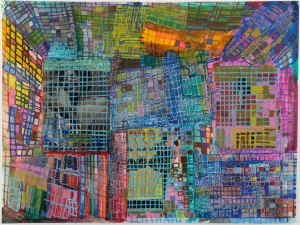 Colorful abstract artwork featuring overlapping grids and rectangular shapes in various shades of blue, green, yellow, pink, and orange.