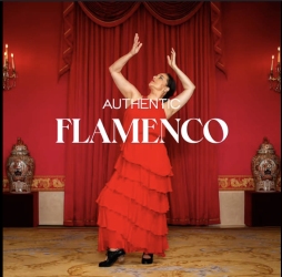 A woman in a red ruffled dress poses in a flamenco dance stance in front of red curtains, with “Authentic Flamenco” text over the image.