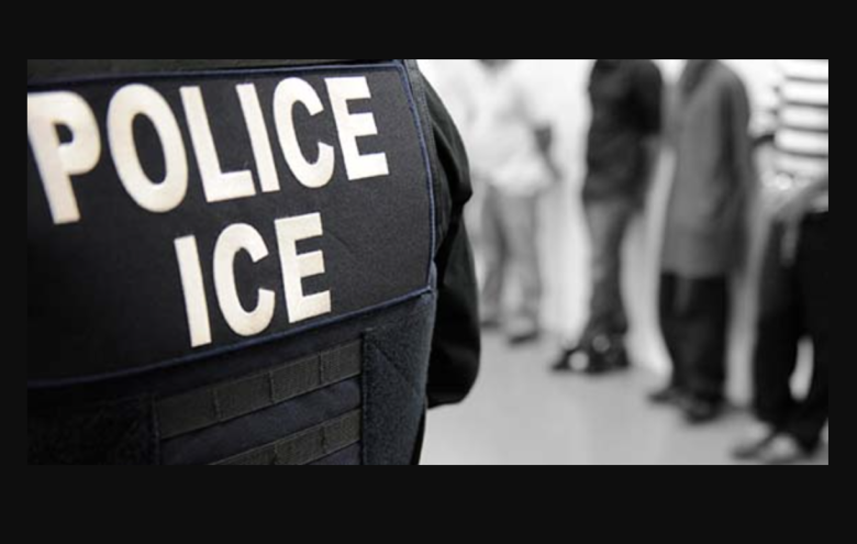 A person wearing a vest labeled "POLICE ICE" stands in front of a line of people against a wall.