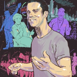Illustrated man in the foreground gestures with open hands, with colorful outlines of people and cityscape in the background.