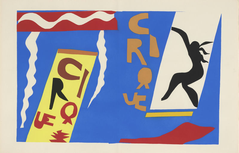 Abstract artwork featuring bold cut-out shapes in blue, red, yellow, black, and tan evokes a museum vibe, with the word "CIRQUE" and a silhouette of a performer with outstretched arms.