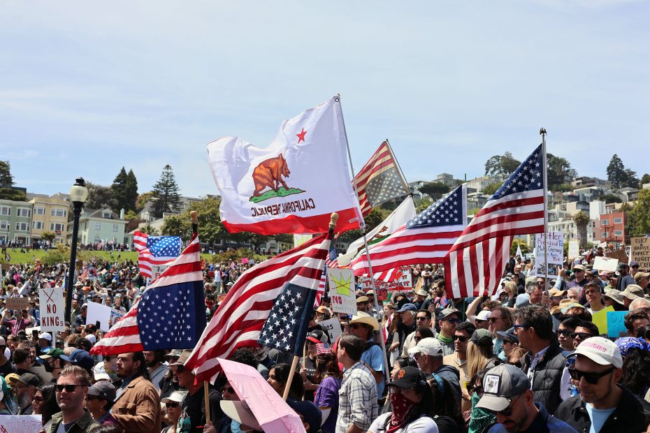 A large crowd gathers outdoors for a protest, holding American flags, a reversed California flag, and protest signs. Houses and trees are visible in the background.