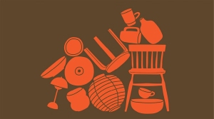 Illustration of various household items, including chairs, cups, a teapot, a lamp, and other objects, stacked together against a brown background.