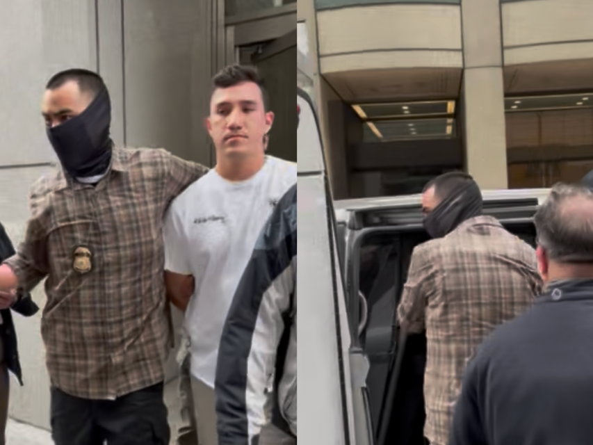 Two men being escorted by law enforcement; one is handcuffed and led to a vehicle, while officers surround them outside a building.