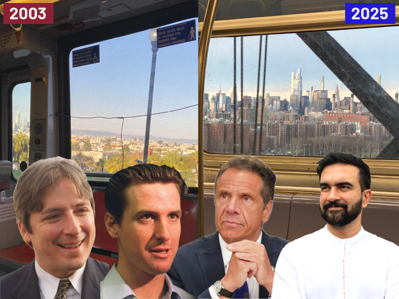 A split image showing a bus interior and politicians in 2003 on the left, and a subway interior with different politicians and a city skyline labeled 2025 on the right.