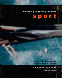 Blurry image of a person diving into a pool, overlaid with event text for an improvised music and expanded cinema show called "sport" on June 30, 2025, at 992 Valencia St.