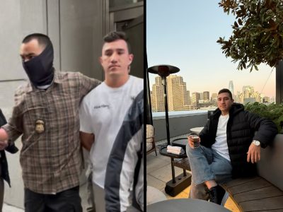 A split image: on the left, a man in a white shirt is handcuffed and escorted by an officer; on the right, the same man sits on a rooftop patio holding a drink.