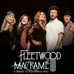Five musicians stand together on a black background with the text “Fleetwood Macramé: A Tribute to Fleetwood Mac” displayed in front of them.