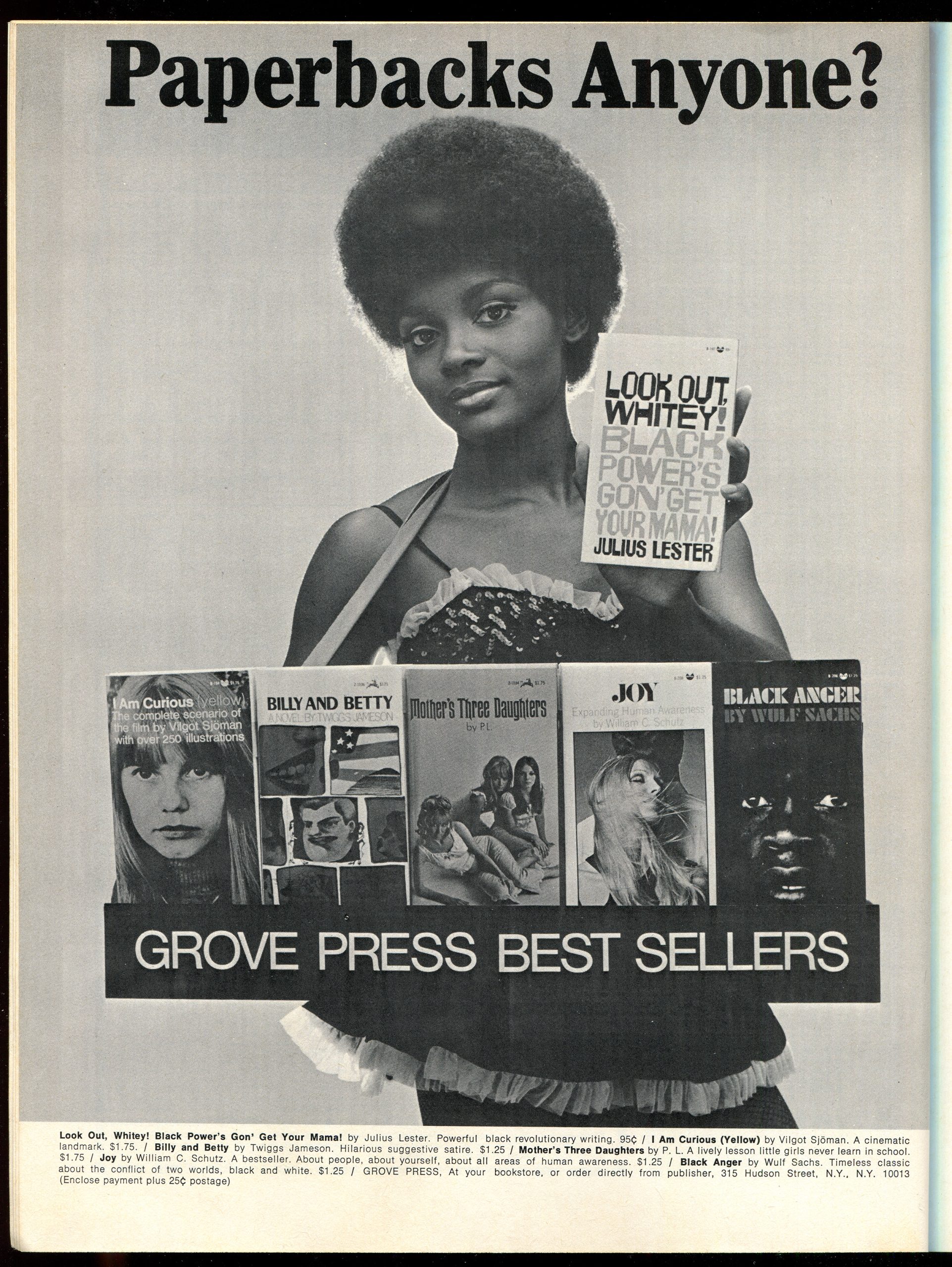 A woman holds several paperback books from Grove Press, including "Look Out Whitey!", with a banner reading "Grove Press Best Sellers."