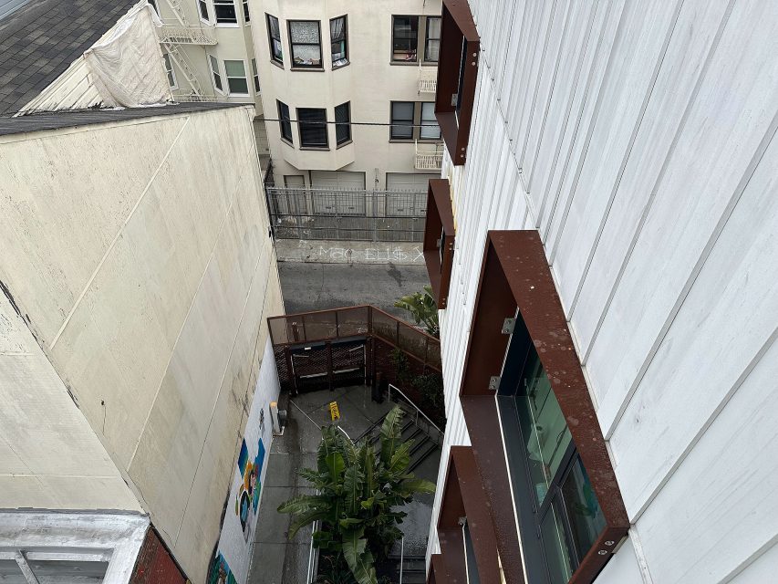View from a high window overlooking an alley with plants, a stairway, mural on the wall, and apartment buildings across the street.