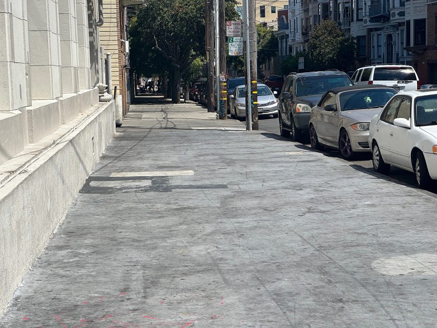 City sidewalk with parked cars lining the street; buildings and trees visible in the background on a sunny day.