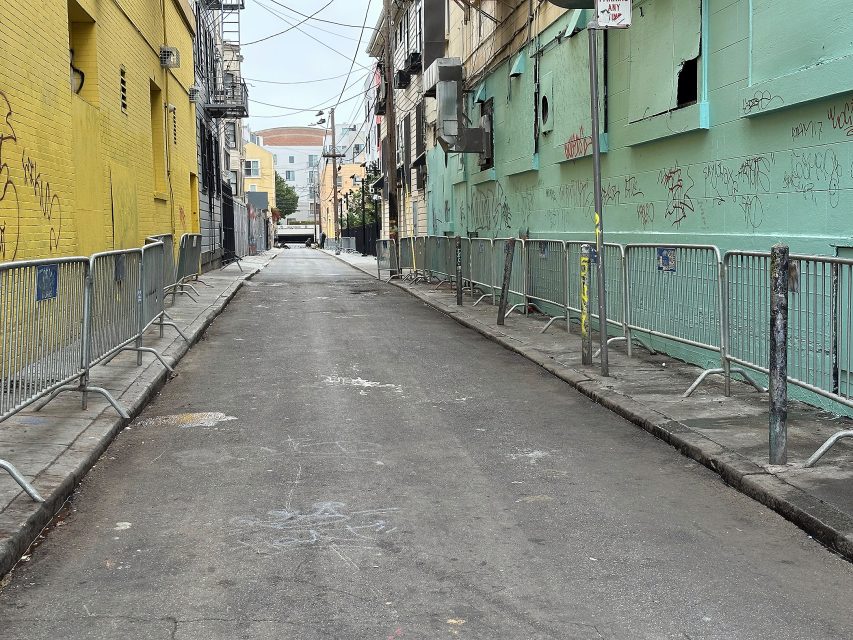 A narrow city alley lined with metal barricades, graffiti on green and yellow building walls, and overhead utility wires visible.