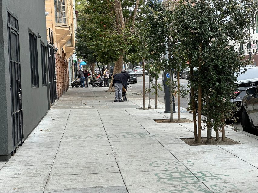 A person leans over a shopping cart on a city sidewalk lined with trees and parked cars; several people are visible further down the street.