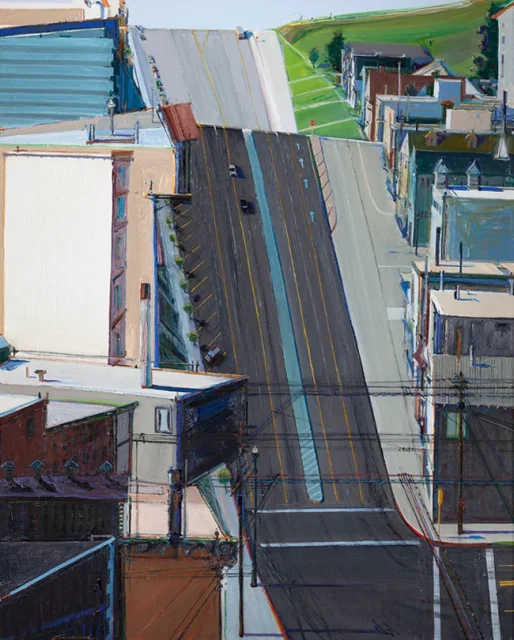 A stylized painting depicts a steep, empty city street flanked by buildings, with a few cars parked along the roadside and green grass visible at the top of the hill.