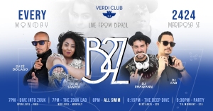 Promotional banner for a weekly event at Verdi Club, featuring DJs and singers, held every Monday at 2424 Mariposa St, with various shows and a party starting at 8:30 PM.