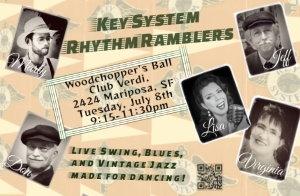 Flyer for a Key System Rhythm Ramblers event at Club Verdi in San Francisco on Tuesday, July 8, from 9:15 to 11:30 pm, featuring swing, blues, and jazz for dancing.