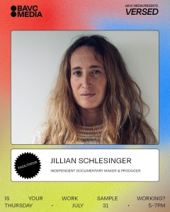 A woman with long hair and a neutral expression stands against a plain background. Text identifies her as Jillian Schlesinger, independent documentary maker and producer.